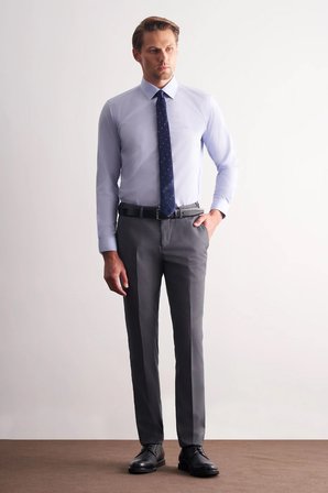 Mavi Uzun Kol Sert Yaka Düz Pamuklu Slim Fit Gömlek 1004260008