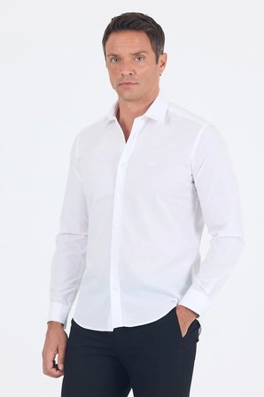 Beyaz Uzun Kol Sert Yaka Düz Pamuklu Slim Fit Gömlek 1004260008