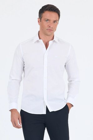 Beyaz Uzun Kol Sert Yaka Düz Pamuklu Slim Fit Gömlek 1004260008