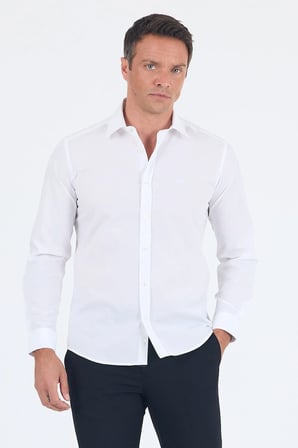 Beyaz Uzun Kol Sert Yaka Düz Pamuklu Slim Fit Gömlek 1004260008
