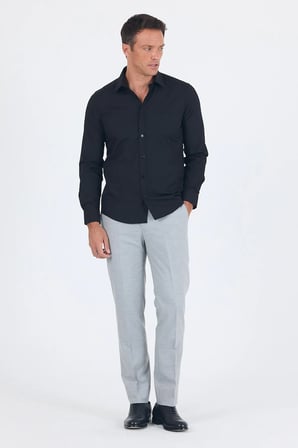 Siyah Uzun Kol Sert Yaka Düz Pamuklu Slim Fit Gömlek 1004260057
