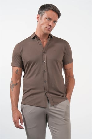 Kahverengi İtalyan Yaka Kısa Kol Cepsiz Slim Fit Pamuklu Gömlek 1004260158