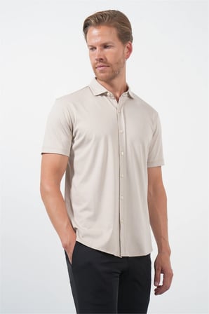Bej İtalyan Yaka Kısa Kol Cepsiz Slim Fit Pamuklu Gömlek 1004260158