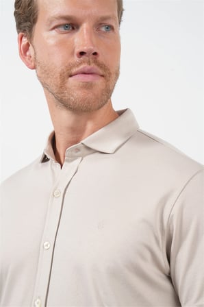 Bej İtalyan Yaka Kısa Kol Cepsiz Slim Fit Pamuklu Gömlek 1004260158