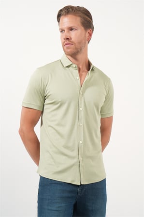 Yeşil İtalyan Yaka Kısa Kol Cepsiz Slim Fit Pamuklu Gömlek 1004260158