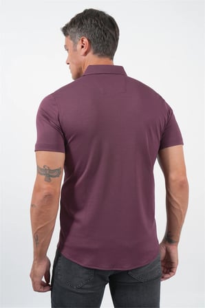 Bordo İtalyan Yaka Kısa Kol Cepsiz Slim Fit Pamuklu Gömlek 1004260158