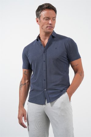Lacivert İtalyan Yaka Kısa Kol Cepsiz Slim Fit Esnek Gömlek 1004260159