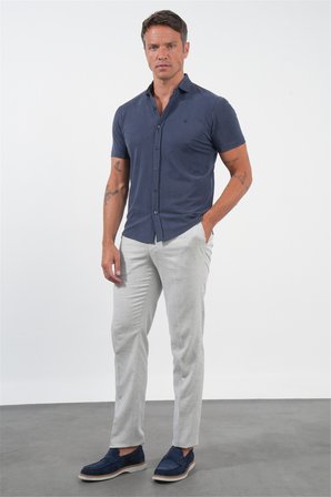 Lacivert İtalyan Yaka Kısa Kol Cepsiz Slim Fit Esnek Gömlek 1004260159