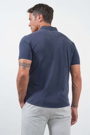 Lacivert İtalyan Yaka Kısa Kol Cepsiz Slim Fit Esnek Gömlek 1004260159