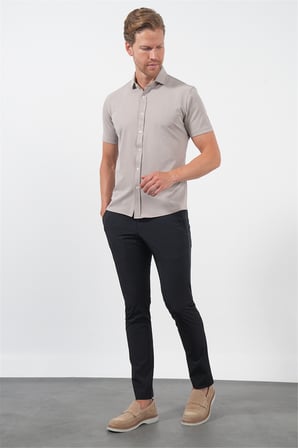 Bej İtalyan Yaka Kısa Kol Cepsiz Slim Fit Esnek Gömlek 1004260159