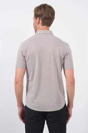 Bej İtalyan Yaka Kısa Kol Cepsiz Slim Fit Esnek Gömlek 1004260159