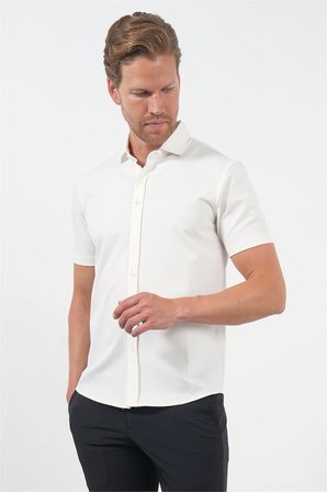 Beyaz İtalyan Yaka Kısa Kol Cepsiz Slim Fit Esnek Gömlek 1004260159
