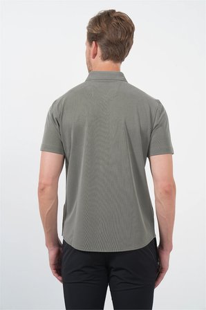 Haki İtalyan Yaka Kısa Kol Cepsiz Slim Fit Esnek Gömlek 1004260159