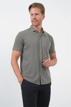 Haki İtalyan Yaka Kısa Kol Cepsiz Slim Fit Esnek Gömlek 1004260159