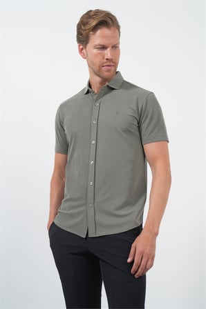 Haki İtalyan Yaka Kısa Kol Cepsiz Slim Fit Esnek Gömlek 1004260159