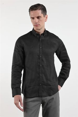 Siyah Keten Düğmeli Yaka Uzun Kol Slim Fit %100 Keten Gömlek 1004260161
