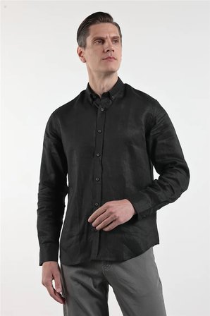 Siyah Keten Düğmeli Yaka Uzun Kol Slim Fit %100 Keten Gömlek 1004260161
