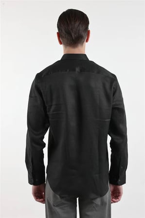 Siyah Keten Düğmeli Yaka Uzun Kol Slim Fit %100 Keten Gömlek 1004260161
