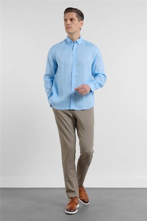 Mavi Keten Düğmeli Yaka Uzun Kol Slim Fit %100 Keten Gömlek 1004260161