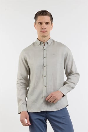 Vizon Keten Düğmeli Yaka Uzun Kol Slim Fit %100 Keten Gömlek 1004260161