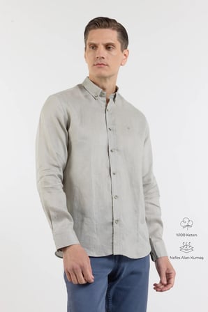 Vizon Keten Düğmeli Yaka Uzun Kol Slim Fit %100 Keten Gömlek 1004260161