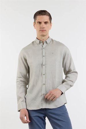 Vizon Keten Düğmeli Yaka Uzun Kol Slim Fit %100 Keten Gömlek 1004260161