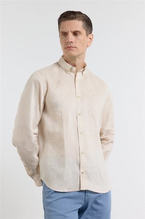 Bej Keten Düğmeli Yaka Uzun Kol Slim Fit %100 Keten Gömlek 1004260161