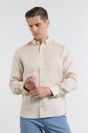Bej Keten Düğmeli Yaka Uzun Kol Slim Fit %100 Keten Gömlek 1004260161