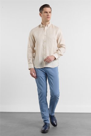 Bej Keten Düğmeli Yaka Uzun Kol Slim Fit %100 Keten Gömlek 1004260161