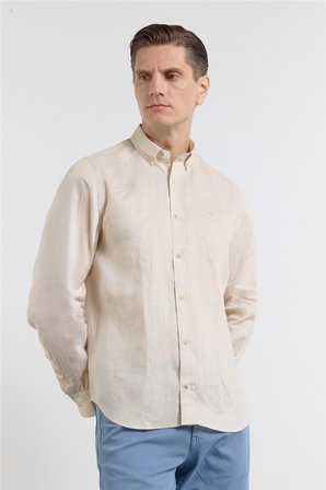 Bej Keten Düğmeli Yaka Uzun Kol Slim Fit %100 Keten Gömlek 1004260161