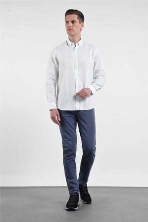 Beyaz Keten Düğmeli Yaka Uzun Kol Slim Fit %100 Keten Gömlek 1004260161