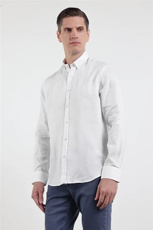 Beyaz Keten Düğmeli Yaka Uzun Kol Slim Fit %100 Keten Gömlek 1004260161