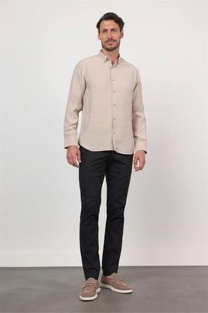 Taş Düğmeli Yaka Uzun Kol Cepsiz Slim Fit Modal Gömlek 1004260162