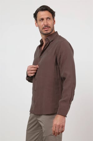 Kahverengi Düğmeli Yaka Uzun Kol Cepsiz Slim Fit Modal Gömlek 1004260162