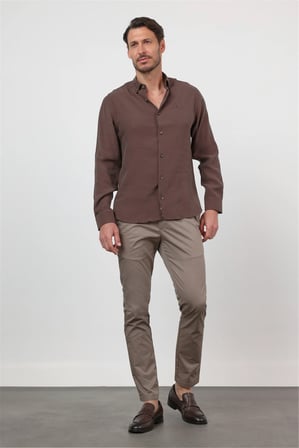 Kahverengi Düğmeli Yaka Uzun Kol Cepsiz Slim Fit Modal Gömlek 1004260162