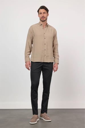 Bej Düğmeli Yaka Uzun Kol Cepsiz Slim Fit Modal Gömlek 1004260162