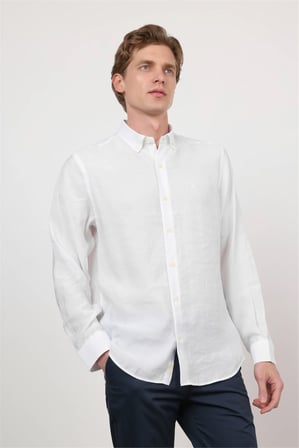 Beyaz Düğmeli Yaka Uzun Kol Cepsiz Slim Fit Modal Gömlek 1004260162