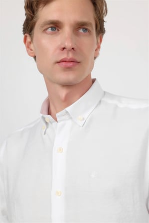 Beyaz Düğmeli Yaka Uzun Kol Cepsiz Slim Fit Modal Gömlek 1004260162