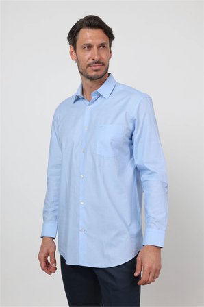 Mavi Sert Yaka Uzun Kol Cepli Comfort Fit %100 Pamuk Gömlek 1004260168