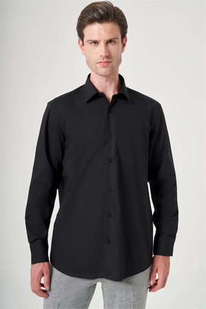 Siyah Sert Yaka Uzun Kol Cepli Comfort Fit Pamuklu Gömlek 1004260179