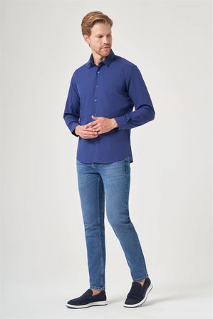 Lacivert Sert Yaka Uzun Kol Cepsiz Slim Fit Pamuklu Gömlek 1004260181