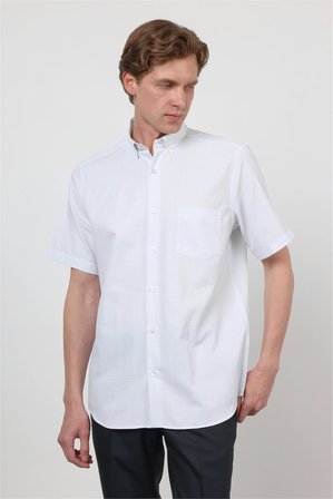 Beyaz - Mavi Düğmeli Yaka Kısa Kol Cepli Comfort Fit Pamuklu Gömlek 1004260185