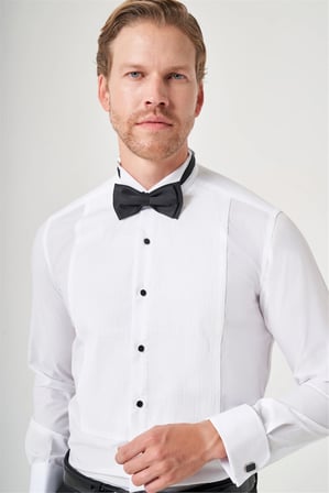 Beyaz Ata Yaka Uzun Kol Cepsiz Slim Fit Pamuklu Damatlık Gömlek 1004260200