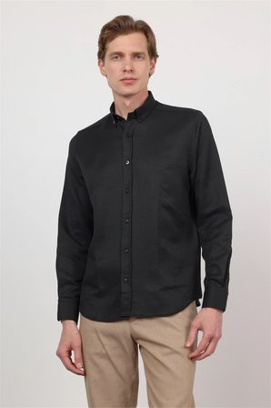 Siyah Düğmeli Yaka Uzun Kol Cepsiz Slim Fit Pamuklu Gömlek 1004260203