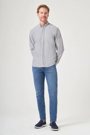 Gri Düğmeli Yaka Uzun Kol Cepsiz Slim Fit Pamuklu Gömlek 1004260205
