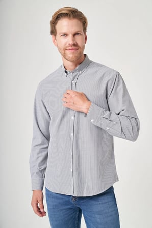 Gri Düğmeli Yaka Uzun Kol Cepsiz Slim Fit Pamuklu Gömlek 1004260205