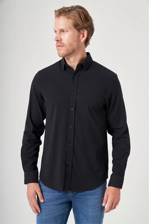 Siyah Biritli Yaka Uzun Kol Cepsiz Slim Fit Pamuklu Gömlek 1004260207