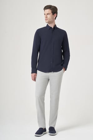 Lacivert Biritli Yaka Uzun Kol Cepsiz Slim Fit Pamuklu Gömlek 1004260207
