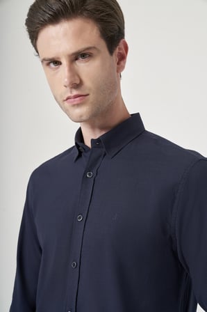 Lacivert Biritli Yaka Uzun Kol Cepsiz Slim Fit Pamuklu Gömlek 1004260207