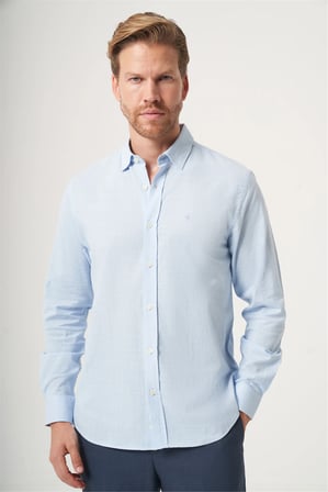Mavi Biritli Yaka Uzun Kol Cepsiz Slim Fit Pamuklu Gömlek 1004260207